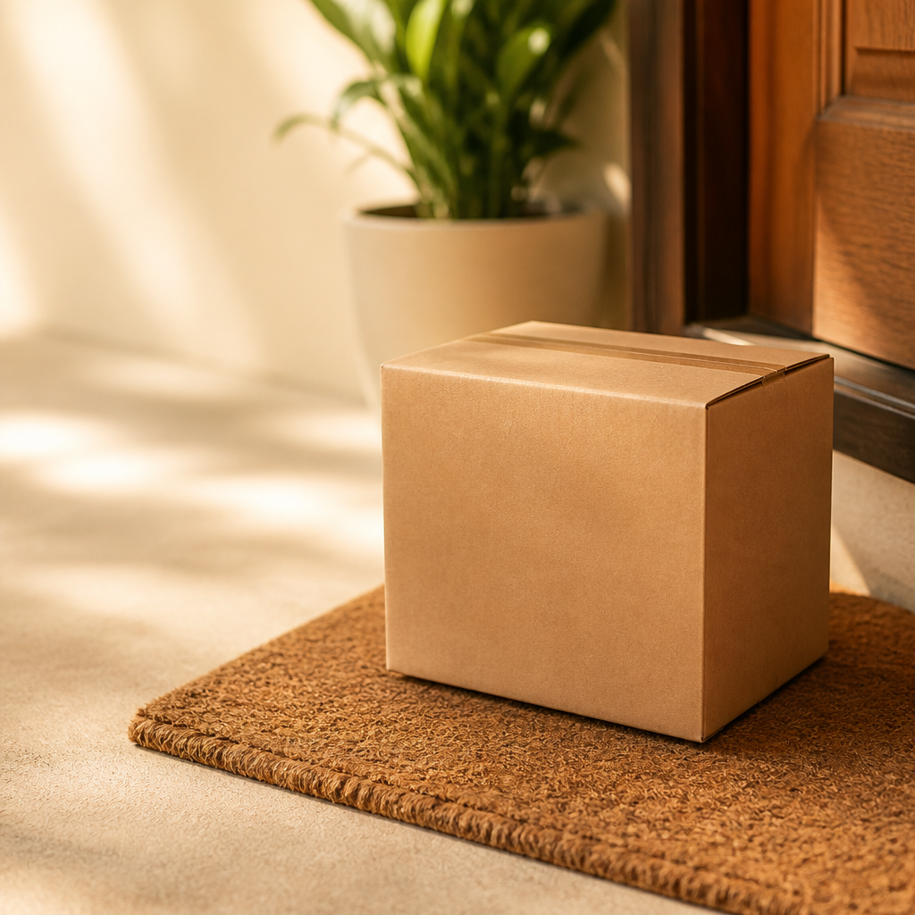 A sealed kraft parcel resting on a coir doormat beside a front door in warm morning light