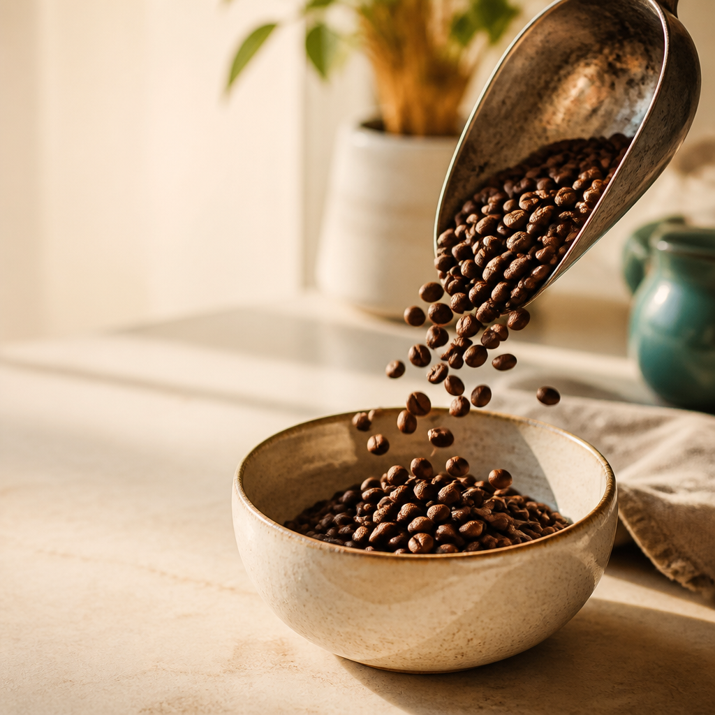 Roasted coffee beans pouring from a worn metal scoop into a ceramic bowl on a sunlit counter