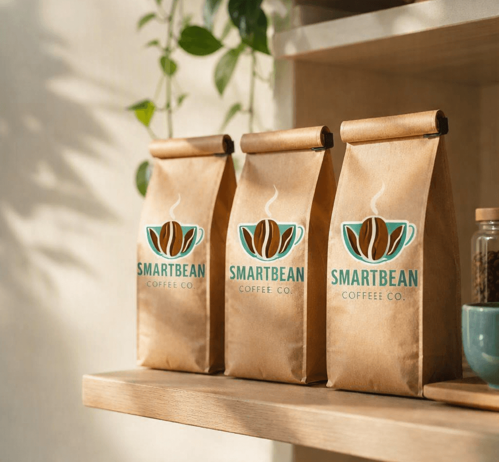Three SmartBean coffee bags standing on a sunlit wooden shelf, tops rolled and clipped