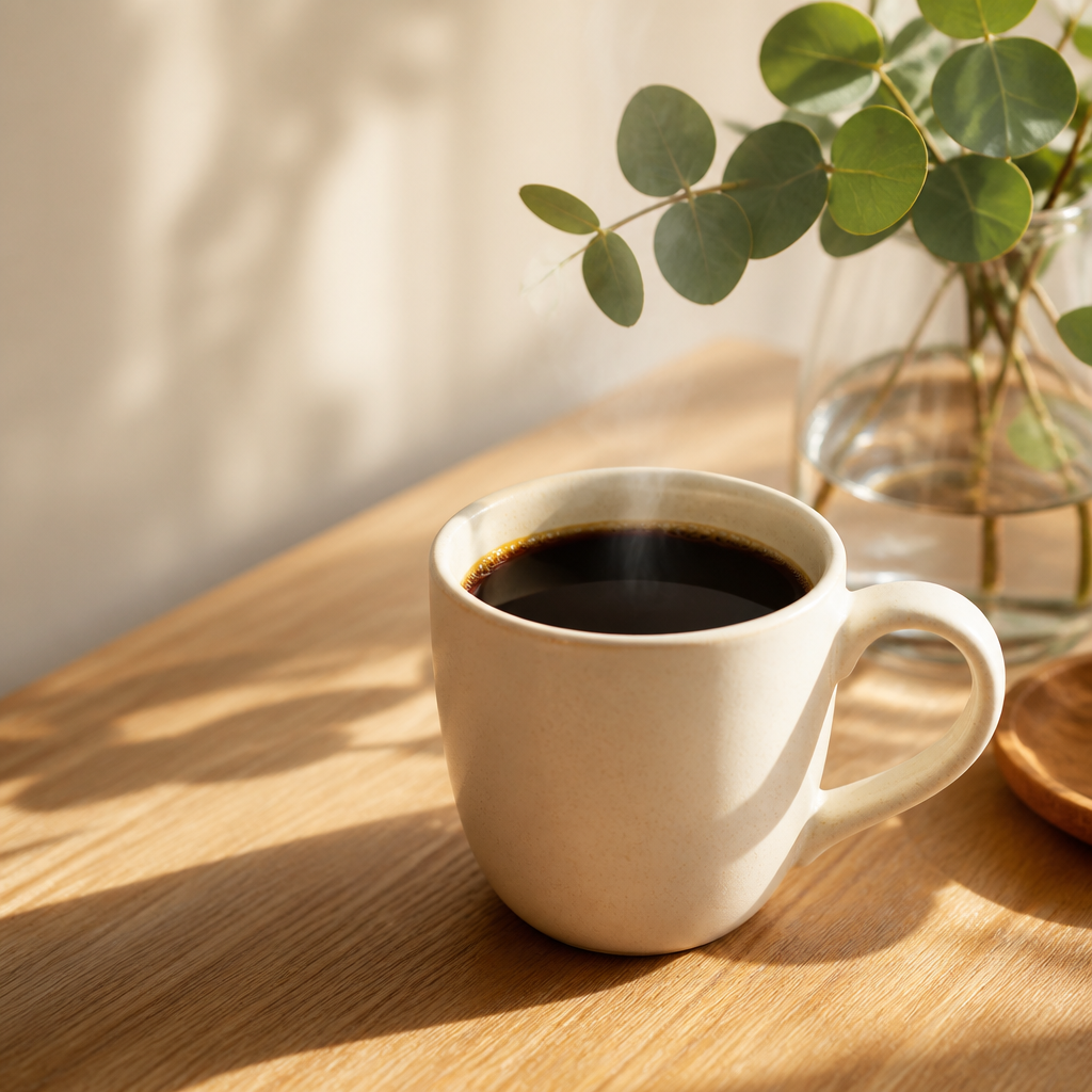 A cream ceramic mug of black coffee on a sunlit wooden table beside a glass vase of eucalyptus