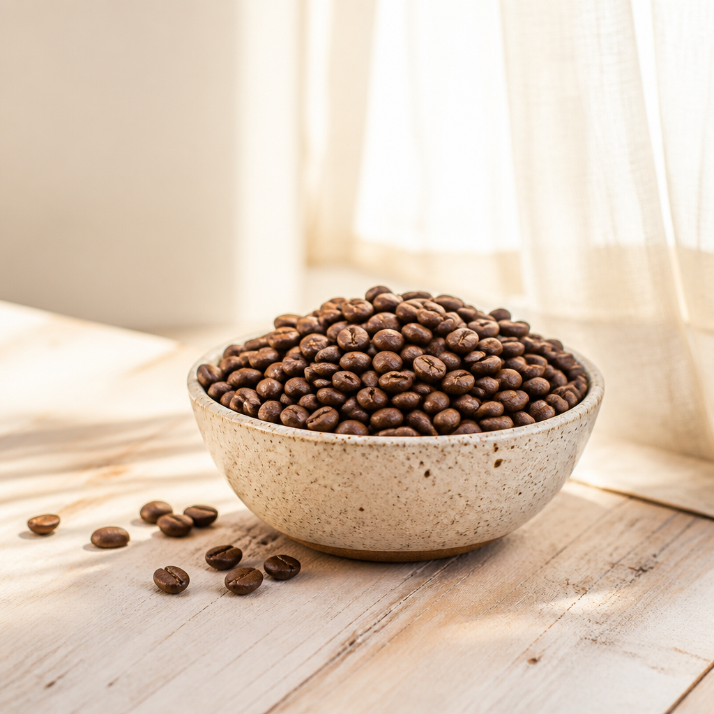 A speckled ceramic bowl heaped with freshly roasted coffee beans on a pale wooden table, with a few beans scattered beside it